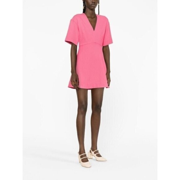 GANNI V-neck Flared Pink Stretch Viscose A-line Mini Dress EU 42 NEW - Picture 1 of 5